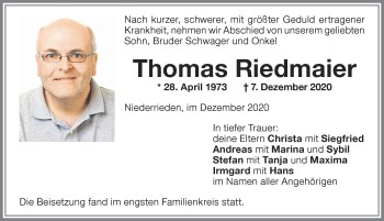 Traueranzeige von Thomas Riedmaier von Memminger Zeitung