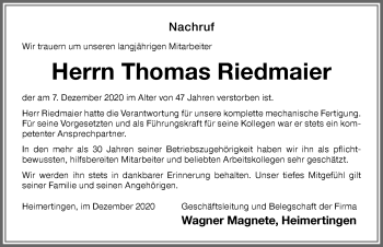 Traueranzeige von Thomas Riedmaier von Memminger Zeitung