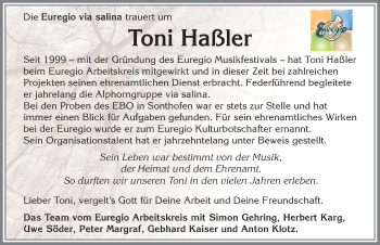 Traueranzeige von Toni Haßler von Allgäuer Anzeigeblatt