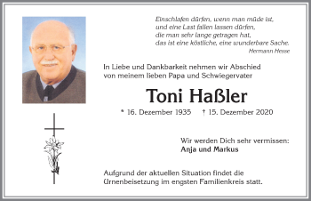 Traueranzeige von Toni Haßler von Allgäuer Anzeigeblatt