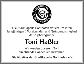 Traueranzeige von Toni Haßler von Allgäuer Anzeigeblatt