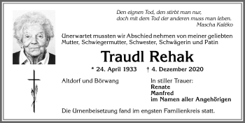 Traueranzeige von Traudl Rehak von Allgäuer Zeitung, Marktoberdorf