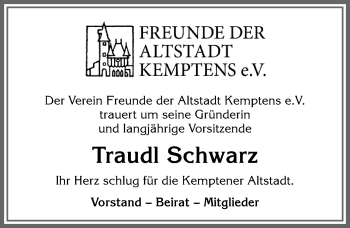 Traueranzeige von Traudl Schwarz von Allgäuer Zeitung,Kempten