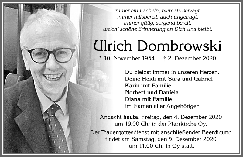  Traueranzeige für Ulrich Dombrowski vom 04.12.2020 aus Allgäuer Zeitung,Kempten