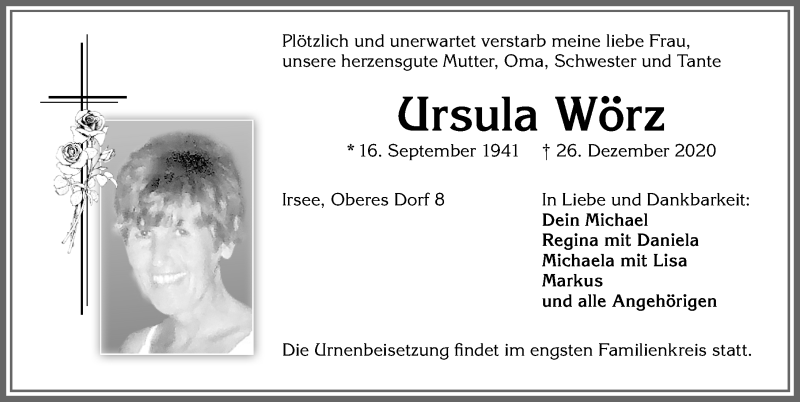  Traueranzeige für Ursula Wörz vom 31.12.2020 aus Allgäuer Zeitung, Kaufbeuren/Buchloe