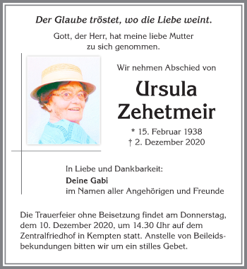 Traueranzeige von Ursula Zehetmeir von Allgäuer Zeitung,Kempten