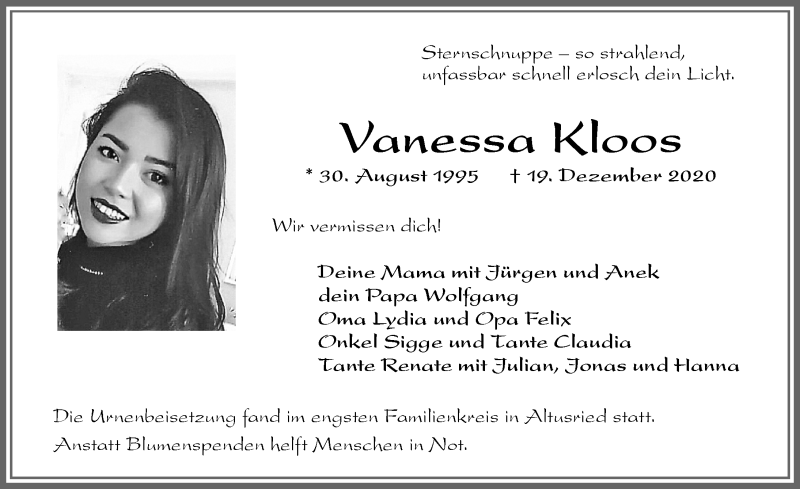  Traueranzeige für Vanessa Kloos vom 31.12.2020 aus Allgäuer Zeitung,Kempten
