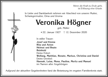 Traueranzeige von Veronika Högner von Allgäuer Zeitung, Marktoberdorf