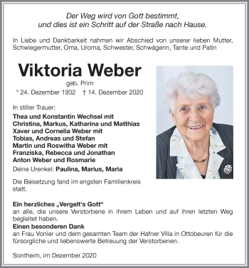 Traueranzeige von Viktoria Weber von Memminger Zeitung