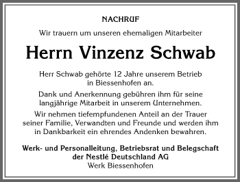 Traueranzeige von Vinzenz Schwab von Allgäuer Zeitung