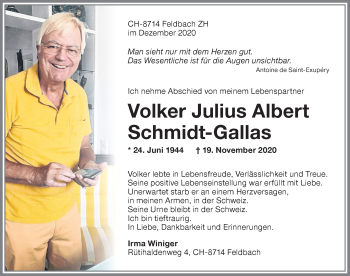 Traueranzeige von Volker Julius Albert Schmidt-Gallas von Memminger Zeitung