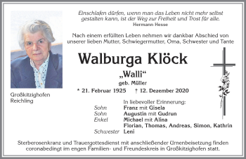 Traueranzeige von Walburga Klöck von Allgäuer Zeitung, Kaufbeuren/Buchloe