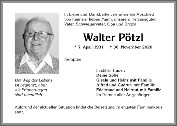 Traueranzeige von Walter Pötzl von Allgäuer Zeitung,Kempten