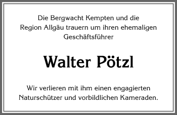 Traueranzeige von Walter Pötzl von Allgäuer Zeitung,Kempten