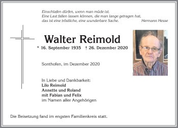 Traueranzeige von Walter Reimold von Allgäuer Anzeigeblatt