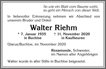 Traueranzeige von Walter Riehm von Allgäuer Zeitung, Kaufbeuren/Buchloe