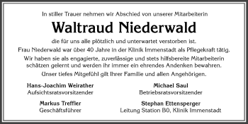 Traueranzeige von Waltraud Niederwald von Allgäuer Anzeigeblatt