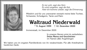 Traueranzeige von Waltraud Niederwald von Allgäuer Anzeigeblatt