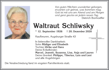 Traueranzeige von Waltraut Schliwsky von Allgäuer Zeitung, Kaufbeuren/Buchloe