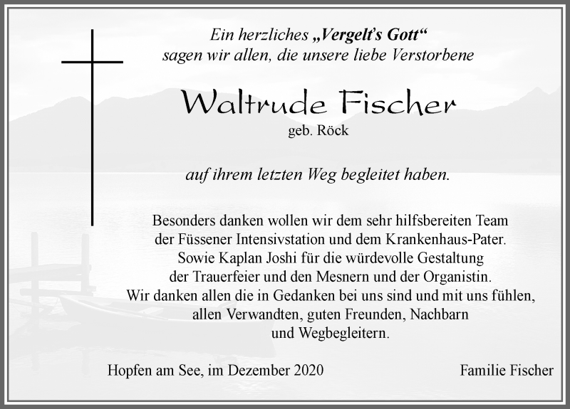  Traueranzeige für Waltrude Fischer vom 17.12.2020 aus Allgäuer Zeitung, Füssen