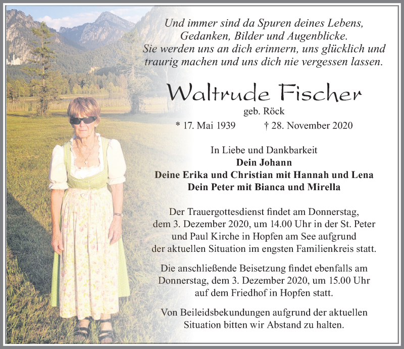  Traueranzeige für Waltrude Fischer vom 01.12.2020 aus Allgäuer Zeitung, Füssen