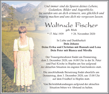 Traueranzeige von Waltrude Fischer von Allgäuer Zeitung, Füssen