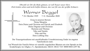 Traueranzeige von Werner Beggel von Allgäuer Zeitung, Marktoberdorf