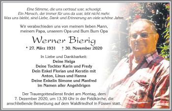 Traueranzeige von Werner Bierig von Allgäuer Zeitung, Füssen