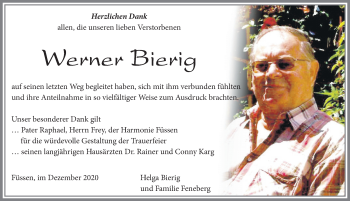 Traueranzeige von Werner Bierig von Allgäuer Zeitung, Füssen