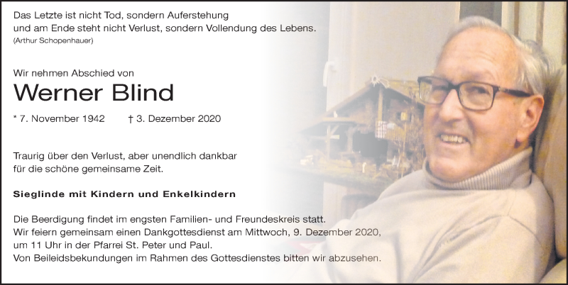  Traueranzeige für Werner Blind vom 05.12.2020 aus Allgäuer Zeitung, Kaufbeuren/Buchloe