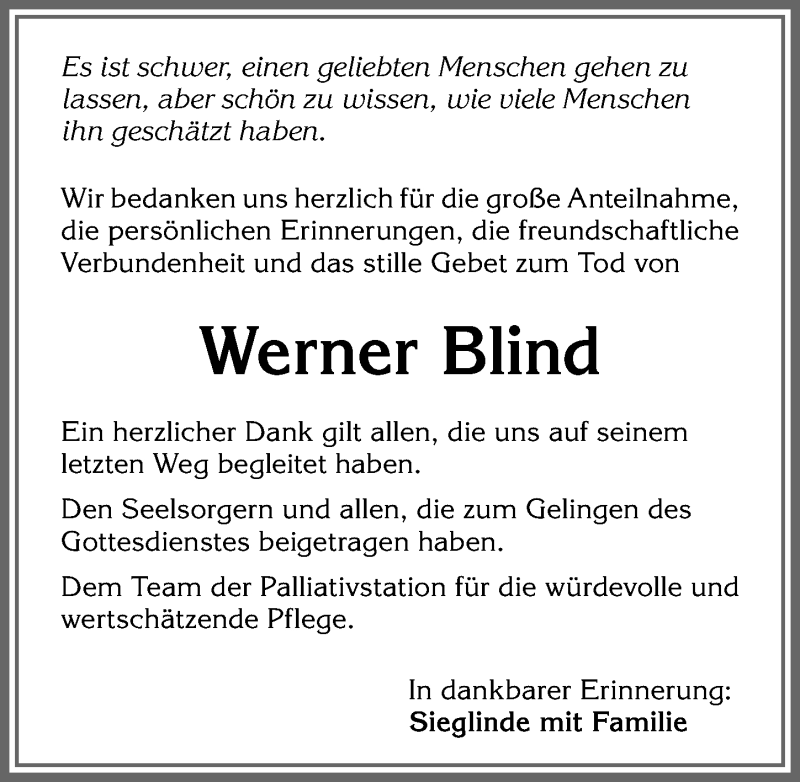  Traueranzeige für Werner Blind vom 24.12.2020 aus Allgäuer Zeitung, Kaufbeuren/Buchloe