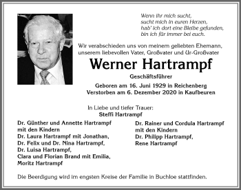 Traueranzeige von Werner Hartrampf von Allgäuer Zeitung, Kaufbeuren/Buchloe