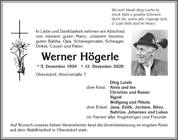 Traueranzeige von Werner Högerle von Allgäuer Anzeigeblatt