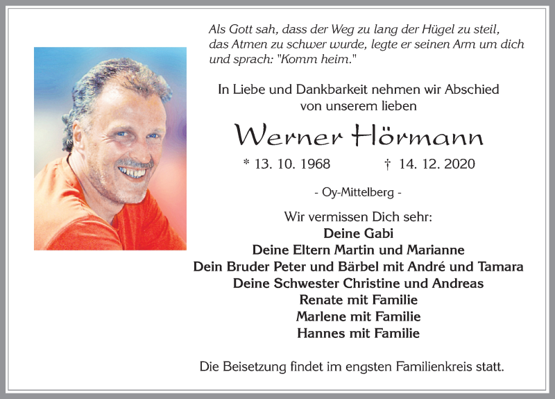  Traueranzeige für Werner Hörmann vom 17.12.2020 aus Allgäuer Zeitung,Kempten