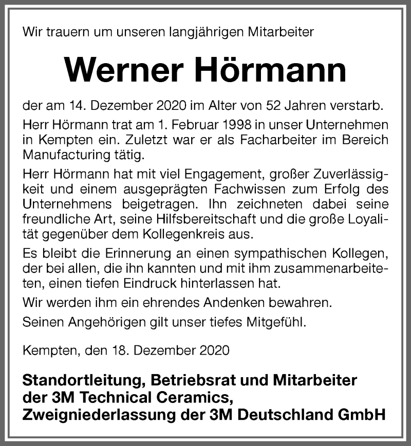  Traueranzeige für Werner Hörmann vom 18.12.2020 aus Allgäuer Zeitung,Kempten