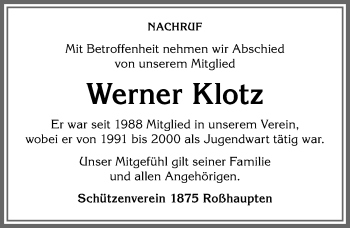 Traueranzeige von Werner Klotz von Allgäuer Zeitung, Füssen