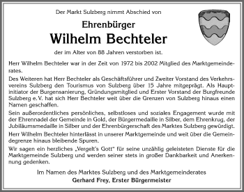 Traueranzeige von Wilhelm Bechteler von Allgäuer Zeitung,Kempten