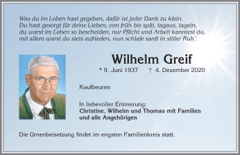 Traueranzeige von Wilhelm Greif von Allgäuer Zeitung, Kaufbeuren/Buchloe