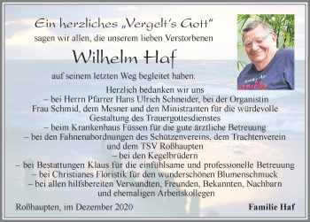 Traueranzeige von Wilhelm Haf von Allgäuer Zeitung, Füssen