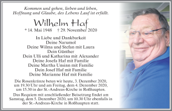 Traueranzeige von Wilhelm Haf von Allgäuer Zeitung, Füssen