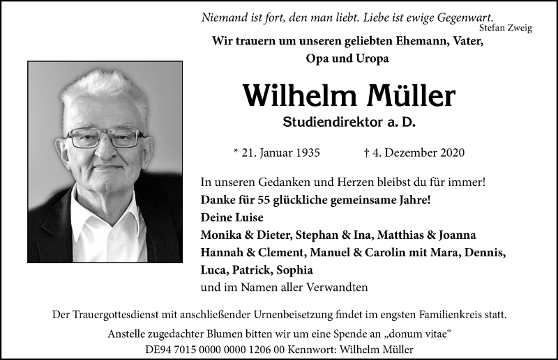  Traueranzeige für Wilhelm Müller vom 12.12.2020 aus Allgäuer Zeitung, Marktoberdorf