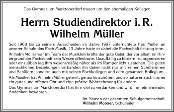 Traueranzeige von Wilhelm Müller von Allgäuer Zeitung, Marktoberdorf