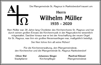 Traueranzeige von Wilhelm Müller von Allgäuer Zeitung, Marktoberdorf