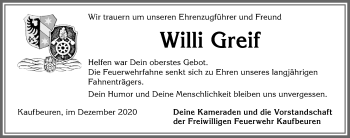 Traueranzeige von Willi Greif von Allgäuer Zeitung, Kaufbeuren/Buchloe