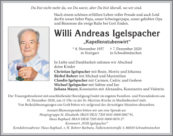 Traueranzeige von Willi Andreas Igelspacher von Allgäuer Zeitung, Marktoberdorf