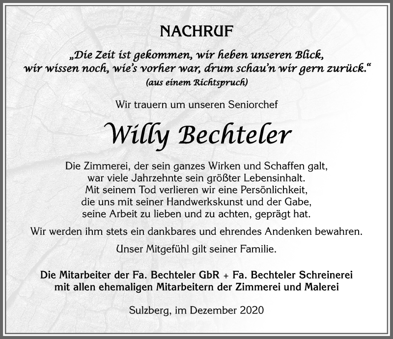  Traueranzeige für Willy Bechteler vom 21.12.2020 aus Allgäuer Zeitung,Kempten