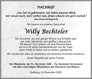 Traueranzeige von Willy Bechteler von Allgäuer Zeitung,Kempten