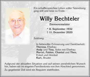 Traueranzeige von Willy Bechteler von Allgäuer Zeitung,Kempten