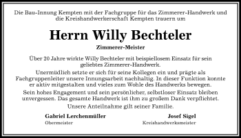 Traueranzeige von Willy Bechteler von Allgäuer Zeitung,Kempten