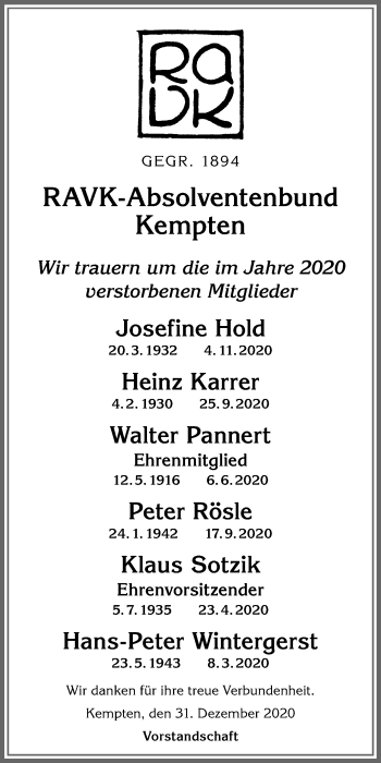 Traueranzeige von Wir trauern RAVK-Absolventenbund von Allgäuer Zeitung,Kempten